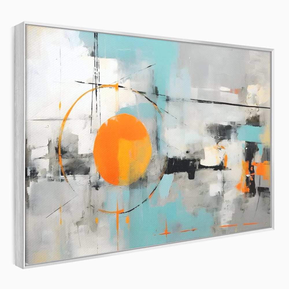 Tablou canvas cu pictura abstracta cu cerc portocaliu, in rama de aluminiu argintiu